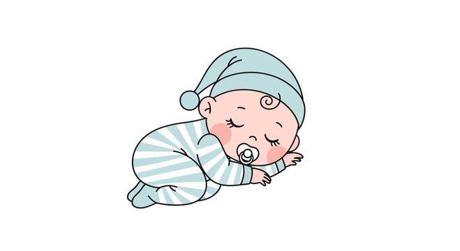 Adorable sleeping baby in striped pajamas and a nightcap resting peacefully illustration