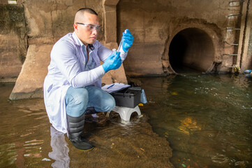 Scientist collected water samples from the drainage tunnel placed them in test tubes and examined it