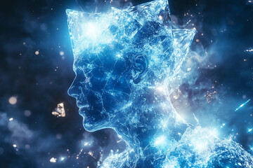 Dreamy ethereal human figure emerging from swirling colorful light smoke mystical atmosphere, created generative ai technology