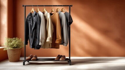 Minimal wardrobe rack with stylish clothes and shoes against warm terracotta wall symbolizing modern fashion elegance and clean closet design perfect for editorial lifestyle and branding visuals