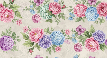 Artistic Watercolor Floral Border with Roses Hydrangeas and Leaves in Pastel Hues for Elegant Stationery Invitations and Decorative Projects Seamless and Hand Painted