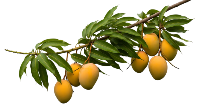 Ripe yellow mangoes, hanging from a leafy branch, cutout, PNG isolated on white or transparent background