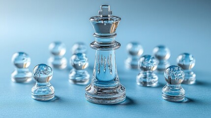 Clear glass chess king surrounded by pawns on a blue background