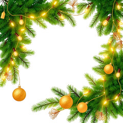 Christmas holiday frame with green fir tree branches, cones, and balls decoration