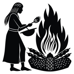 Woman Cooking Fire Silhouette Campfire Illustration Isolated Black and White Art on White Background