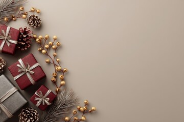Festive holiday gifts and natural decorations are arranged artistically on a muted background
