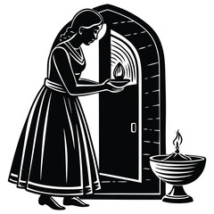 Woman's Silhouette with a Light by a Doorway, Minimalist Line Art on White Background