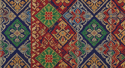 Intricate Thai Silk Fabric Pattern Design Background with Traditional Geometric Motifs and Vibrant Colors for Textile Manufacturing and Fashion Industry Use Exactly 200 Characters