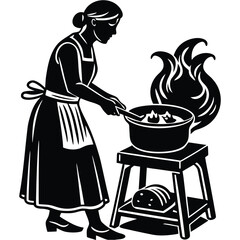 Cooking Woman Silhouette Illustration, Vintage Kitchen Scene in Black and White on White Background