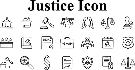 Collection of justice and law icons, including scales of justice, gavel, courthouse, judge, legal document, and badge