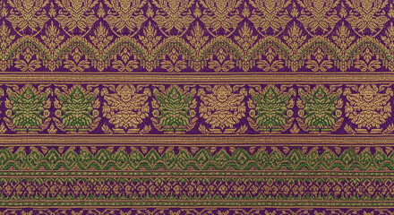 Vibrant Thai Silk Fabric with Intricate Floral and Geometric Designs in Purple Green and Gold an Exquisite Textile Background Perfect for Cultural Art and Fashion