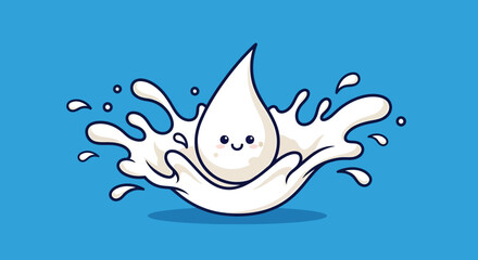 Charming milk drop character with a friendly face amidst a playful splash design against blue