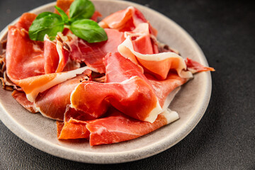 jamon serrano meat appetizer jamon iberico natural product tasty snack fresh delicious gourmet food background on the table rustic top view copy space