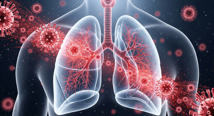 Human respiratory system infected with virus cells shown in detail anatomical illustration