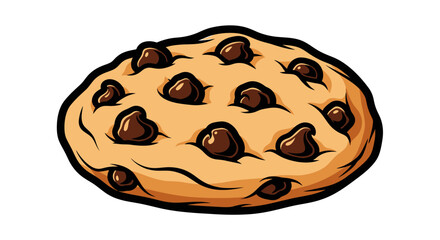 Cartoon illustration of a chocolate chip cookie with dark chocolate chips on a light brown cookie base.