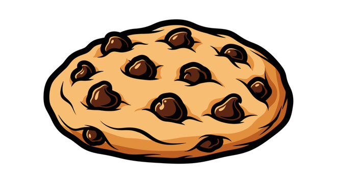 Cartoon illustration of a chocolate chip cookie with dark chocolate chips on a light brown cookie base.