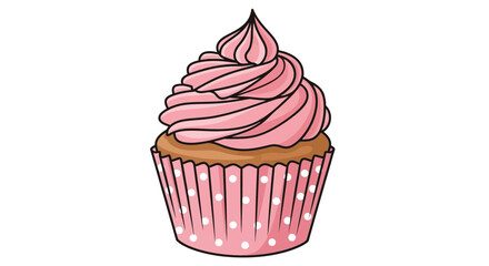 Illustration of a cupcake with pink frosting and a pink and white polka dot wrapper on a white background.