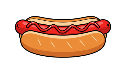 Cartoon illustration of a hot dog with a red sausage and ketchup in a bun, isolated on white.