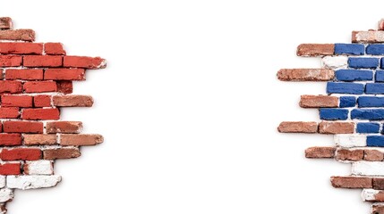 Old brick wall with blended NATO and Russia flags highlighting a clash of ideologies and global tensions