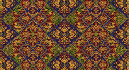 Detailed Thai Fabric Pattern with Blue Red Gold and Green Hues Featuring Traditional Floral Motifs for Textile Design and Cultural Backgrounds Exactly 200 Characters