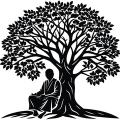 Meditating Monk Silhouette Beneath a Detailed Tree for Peace and Tranquility on White Background