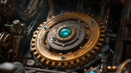 Close-up intricate gears, golden, teal jewel