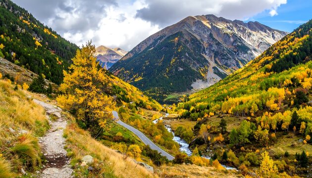 Scenic mountain valley with autumn colors, winding stream, and a narrow road under cloudy skies