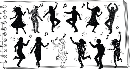 Energetic dance party sketch with music notes and silhouettes dancing people