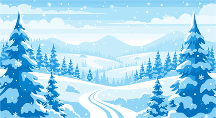 Naklejka premium Winter landscape with snowy mountains, hills, and fir trees, a winding road through the forest, a serene and peaceful scene, perfect for holiday cards and backgrounds