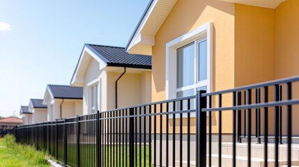 Charming close-up view of a black iron fence and balcony against a warm beige house facade in bright daylight