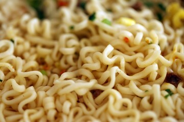 Noodles with spicy sauce and green onion chopped parts