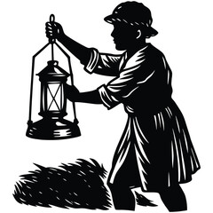 Man with Lantern Silhouette  Vintage Vector Illustration Art Design on White Background