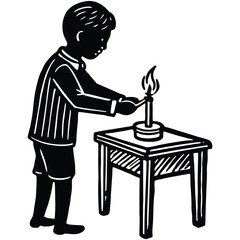 Child Lighting a Candle Silhouette Illustration, Boy Striking a Match on White Background