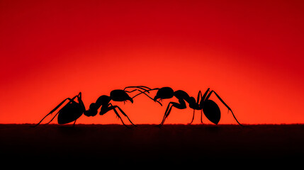 Fototapeta premium Dramatic Confrontation Between Two Silhouette Ants Against a Fiery Red Sky