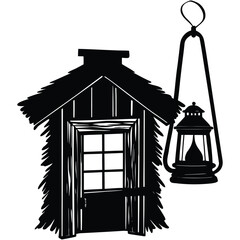 Rustic Cabin Silhouette with Lantern Illustration in Black and White on White Background