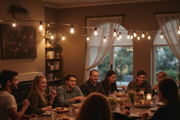 Group of young adult and middle aged Caucasian men and women sitting around dining table sharing meal, smiling and talking, enjoying food together in warmly lit home setting