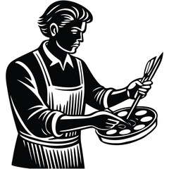 Chef Silhouette Preparing Food with Utensils in Striking Black and White Style on White Background