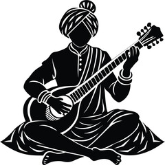 Indian Musician Playing Veena Silhouette Art Vector Graphic Design on White Background