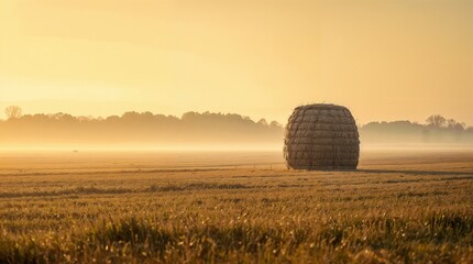 Hay bale in a foggy field during sunrise with soft golden light  