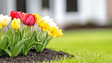 Blooming tulips and daffodils brighten a charming spring garden in front of a classic white house