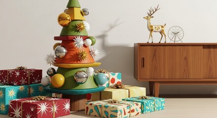 Christmas tree decoration with festive gifts and holiday ornaments
