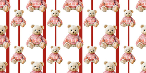 Festive teddy bears in cozy sweaters decorate a cheerful Christmas pattern for holiday celebrations