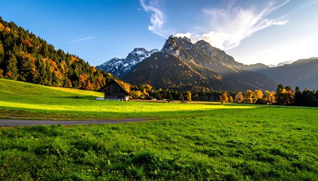 Scenic mountains backdrop green meadows with autumn-colored trees, and old wooden cabin under a bright, sunny sky