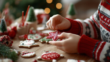 Child making Christmas ornament — close-up of kids hands crafting with festive materials
