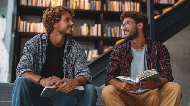 Friends discussing books and ideas in a cozy library setting on a sunny afternoon
