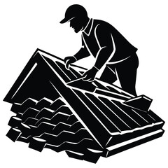 Roofer Silhouette Installing Tiles on Roof, Black and White Style on White Background