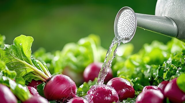 Nurturing a vibrant garden by watering fresh beets with care, embracing the serenity of nature's beauty