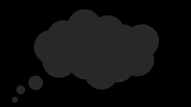 black thought bubble with subtle glow on transparent background, animated thinking cloud blank speech cloud with tail dots on alpha channel, perfect for overlays and compositing.