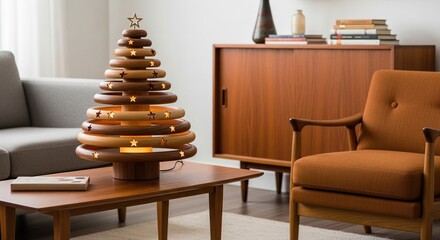 Modern living room interior with fireplace and wooden furniture
