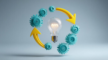 A creative idea is at the heart of the innovation and teamwork process, illustrated by a glowing lightbulb surrounded by gears and arrows